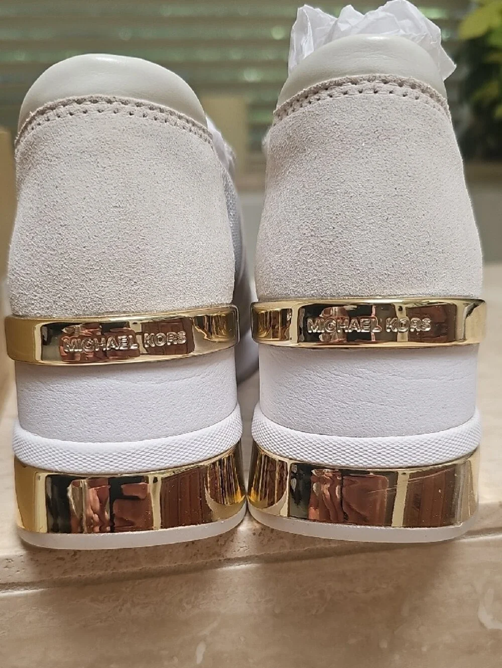 Michael Kors Beige and Gold Slip-On MK Trainer Sneakers